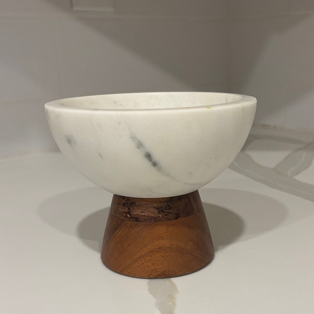 Marble Bowl with Wood Pedestal - White Marble